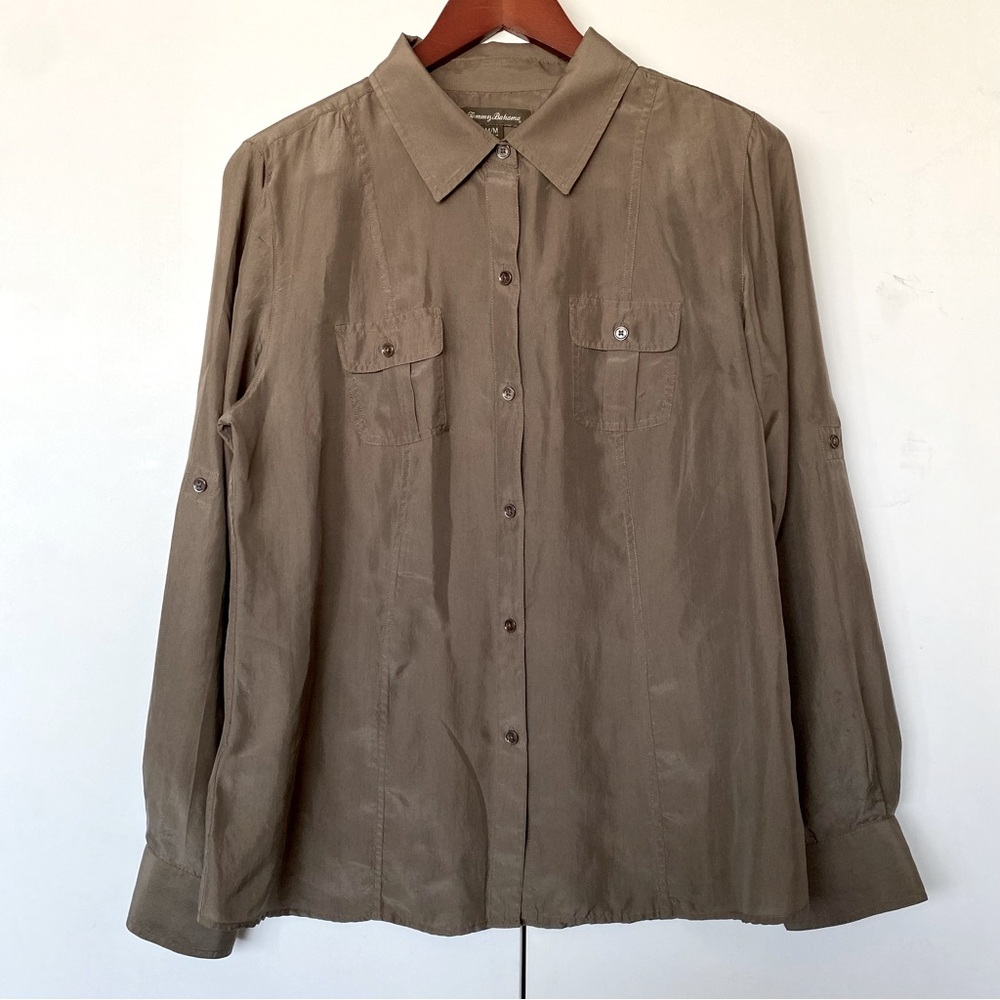 Tommy Bahama - 100% Silk Dark Beige Roll Tab Long sleeve Button Up - Size M - C1